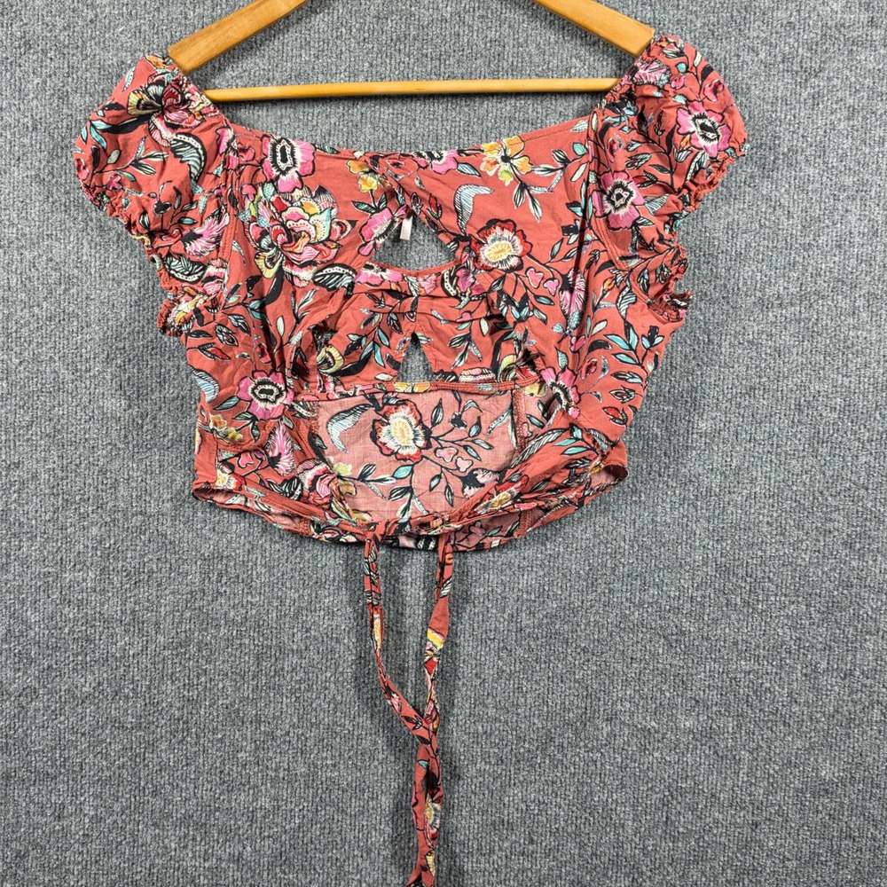 Free People Top Womens Small Give Me More Floral Puff Sleeve Cropped Blouse Rust - Picture 2 of 9